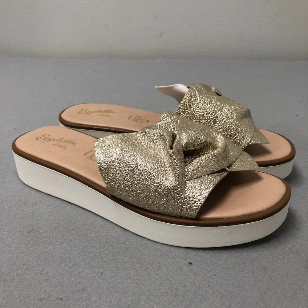 Seychelles Slide Sandals Womens 7.5 Gold Metallic Platform Knotted Made In Italy